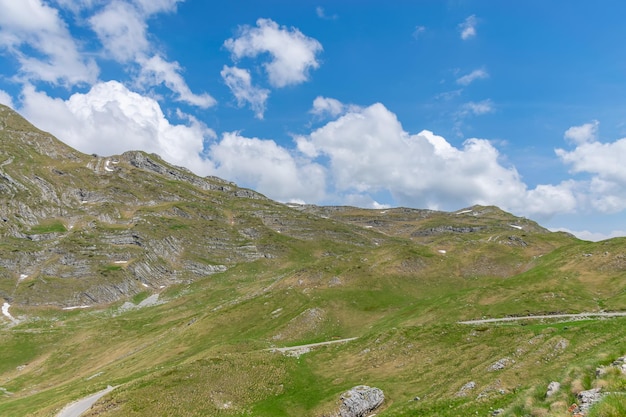 View of the picturesque Prutash mountain with snow strips