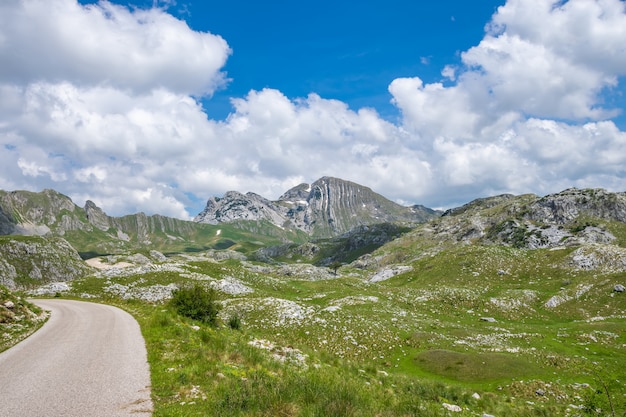 View of the picturesque prutash mountain with snow strips.