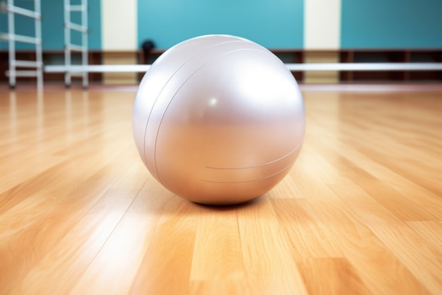 View of a pilates ball on a wooden gym floor