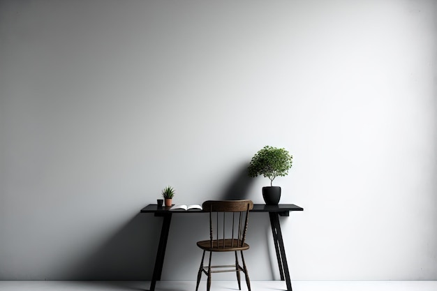 View of a plain white wall with a black wooden table in the backdrop