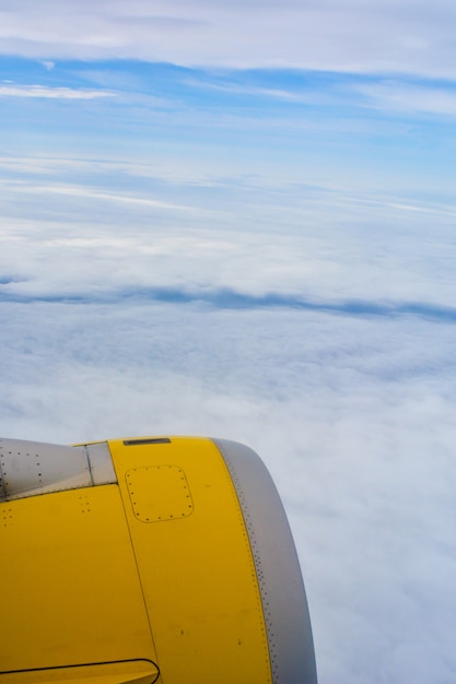 View of the plane turbine while flying.