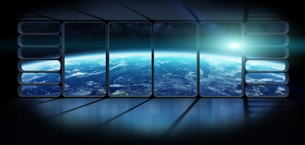 View of the planet earth from a huge spaceship window 3D rendering elements of this image furnished by NASA