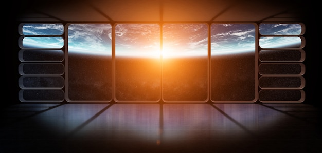 View of the planet earth from a huge spaceship window 3D rendering 