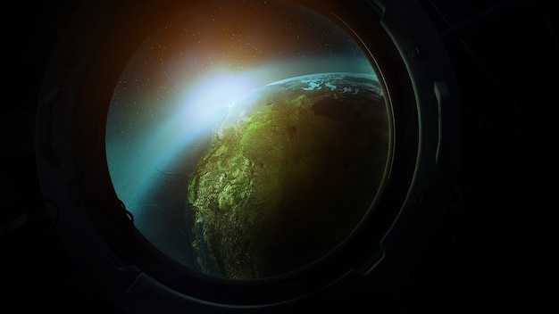 View of planet earth from the porthole from orbit