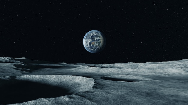 View of the planet Earth from the surface of the Moon. Airless space.