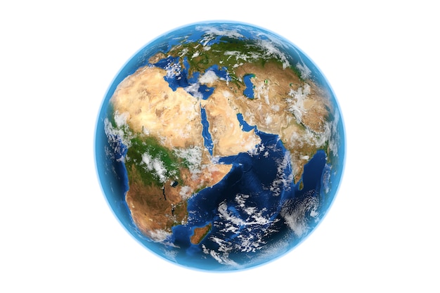 View of Planete Earth World Globe from Space on a white background. Elements of this image furnished by NASA. 3d Rendering