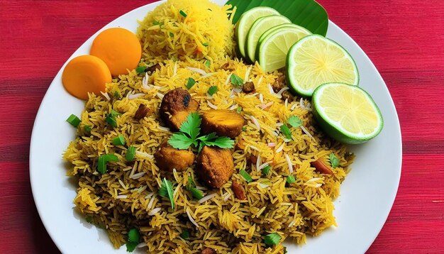 View of plate of biryani with a bunch of food on it Generative AI