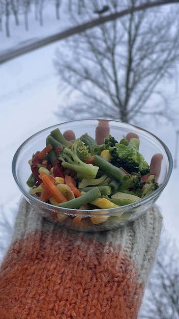 View of a plate with vegetables on the background of a snowy forest