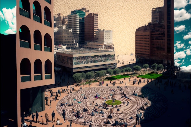 A view of the plaza from the roof of the building.