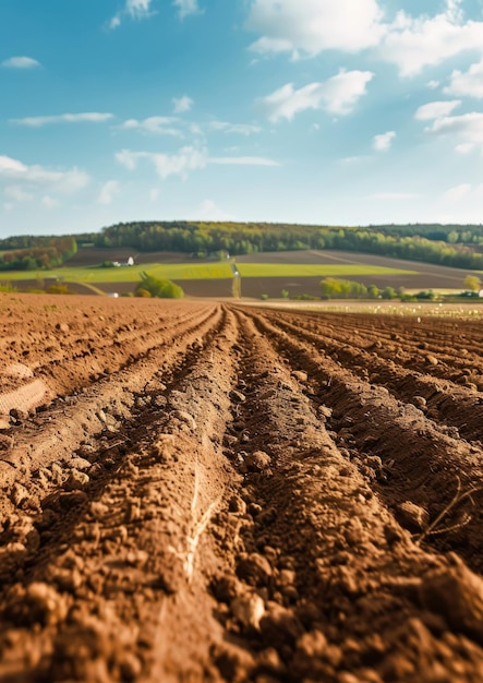 View of a plowed field on a sunny day agricultural concept