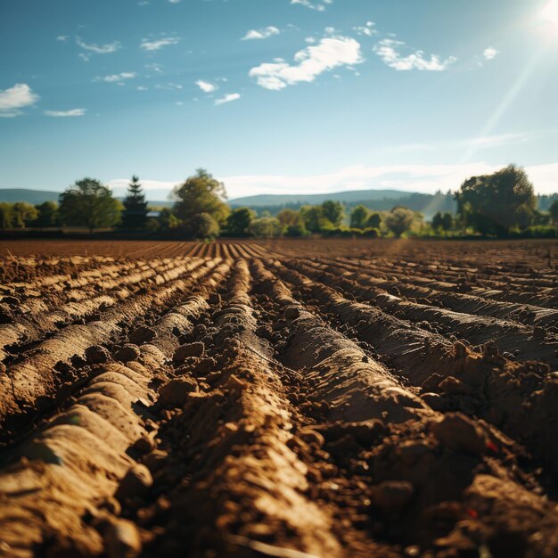 View of a plowed field on a sunny day agricultural concept