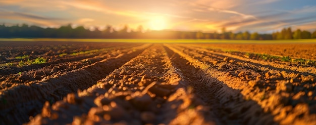 A view of a plowed field at sunset Agricultural concept