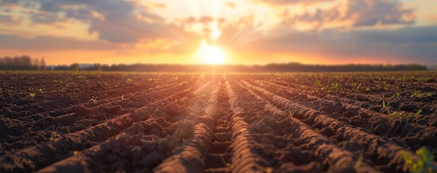 A view of a plowed field at sunset Agricultural concept