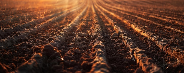 A view of a plowed field at sunset Agricultural concept