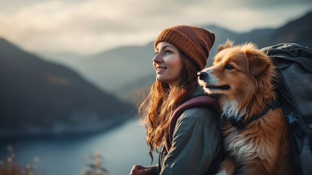 Foto un punto di vista che si affaccia sul mare e sulle montagne presenta una donna turista con un cane ai generativa