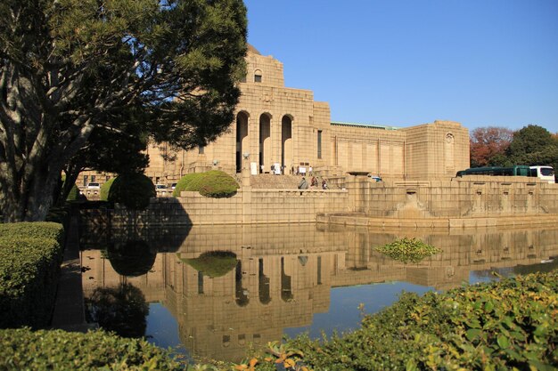 View of pond in front of historic building