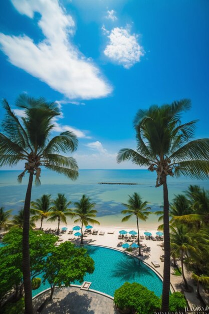 View of pool with lounge chairs and palm trees generative ai