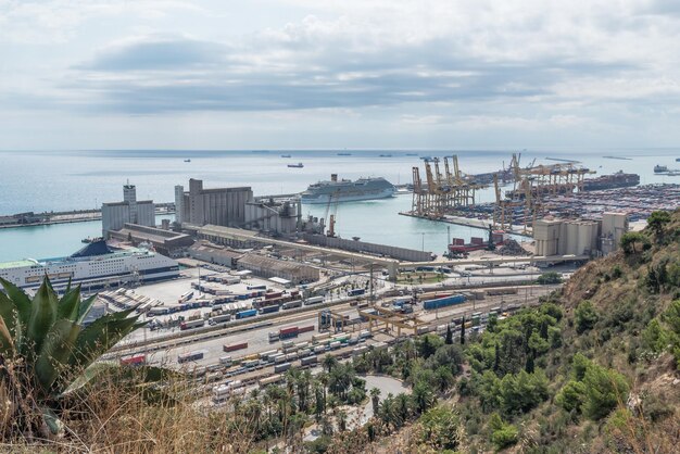 A view of the port of Barcelona from Montjuic. Catalonia Spain