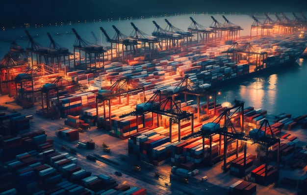 A view of a port and containers at sunset