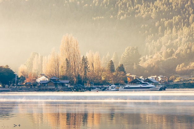 View of the port of Lake Lacar in the province of Nuequen in Argentina in the very early morning during the Autumn in Patagonia.