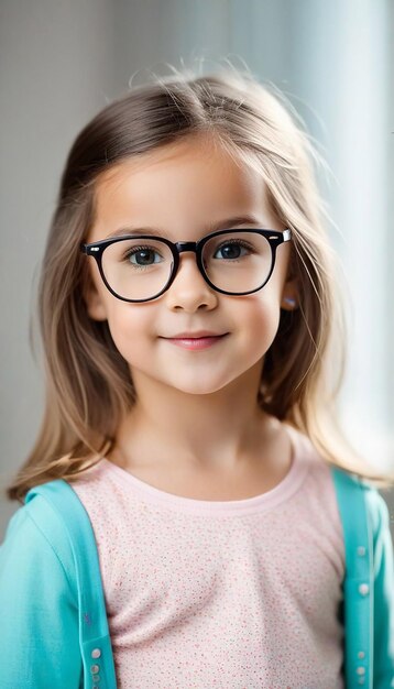 카메라를 바라보는 안경을 입은 귀여운 어린 소녀의 초상화