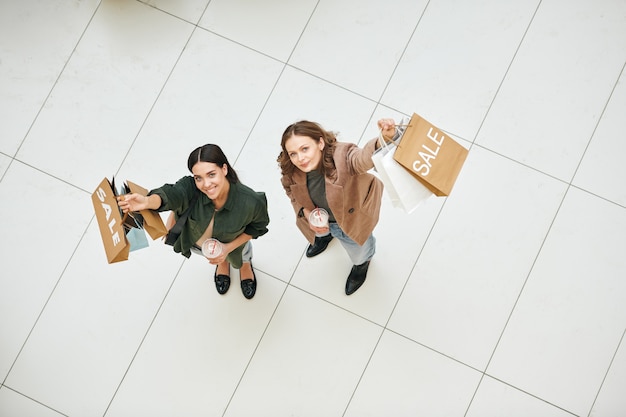 ショッピングバッグを振っているポジティブな女性のビューの上