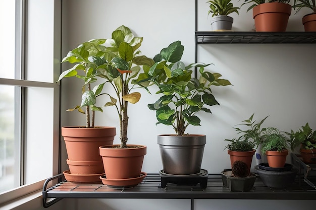 Photo view of potted plant in room on metal shelf