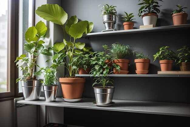 金属製の棚の上の部屋の鉢植えの植物の眺め