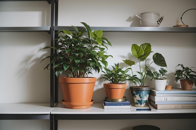 金属製の棚の上の部屋の鉢植えの植物の眺め