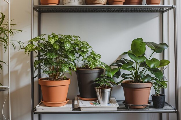 金属製の棚の上の部屋の鉢植えの植物の眺め