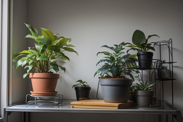 View of potted plant in room on metal shelf