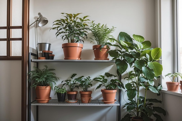 金属製の棚の上の部屋の鉢植えの植物の眺め