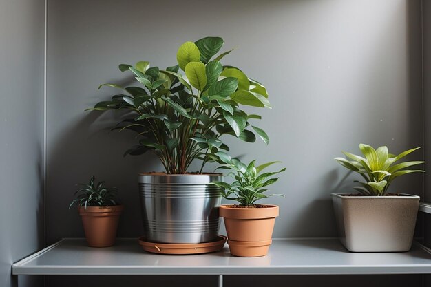 金属製の棚の上の部屋の鉢植えの植物の眺め