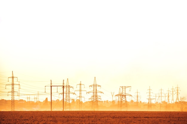 View of the power lines at sunset