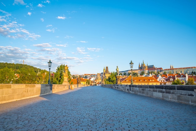 View of Prague, Charles bridge, Vltava river, St. Vitus cathedral on a sunny day