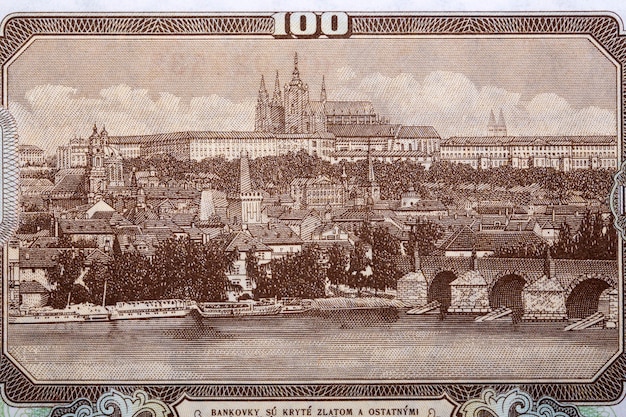 View of Prague from old Czechoslovak money