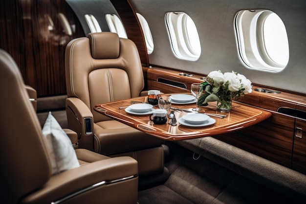 Photo a view of a private jet with a table and chairs