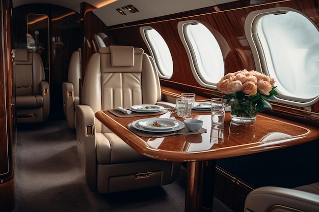 Photo a view of a private jet with a table and chairs