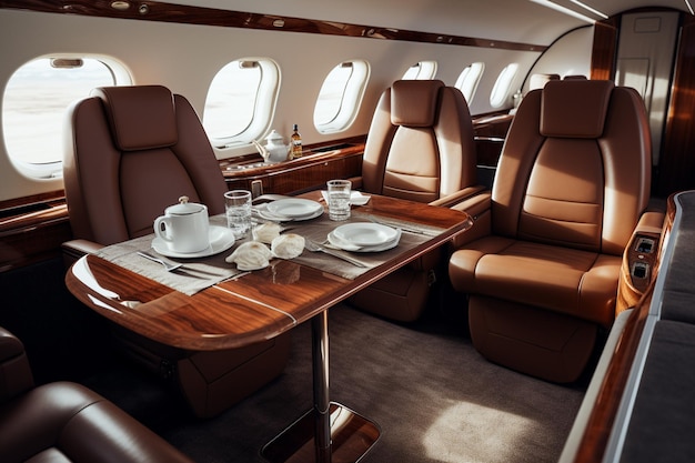 Photo a view of a private jet with a table and chairs