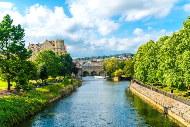 View of the Pulteney Bridge River Avon in Bath, England