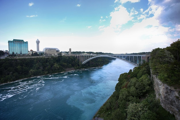 View of Rainbow International Bridge which connects Usa and Canada Niagara Falls