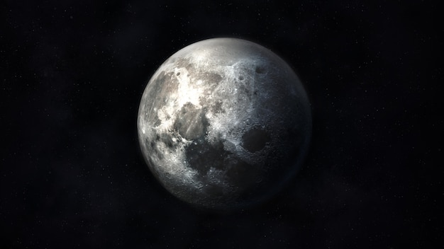 View of the realistic moon in dark gray colors against the background of outer space.