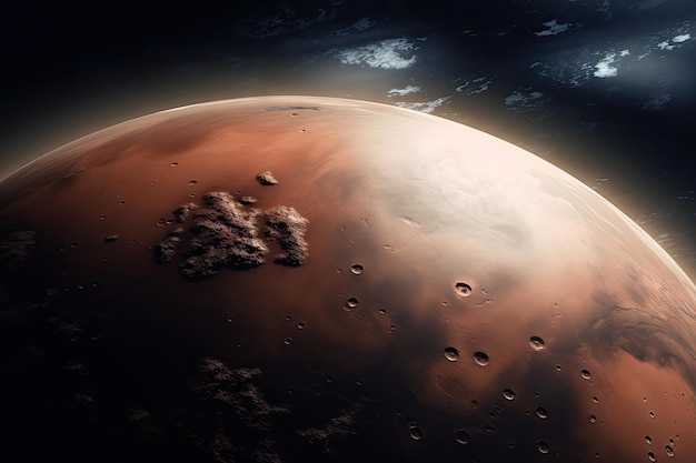 ジェネレーティブ AI で作成された大気中に砂嵐が見える赤い惑星のビュー