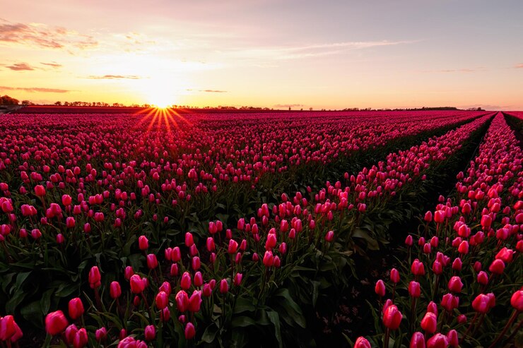 Photo view of red tulips in field against sky during sunset