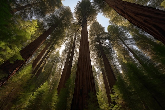 A view of redwoods from the bottom of a hill