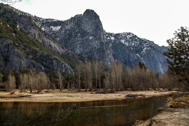 View of reflect water at Yosemite National Park in the winter  for nature background