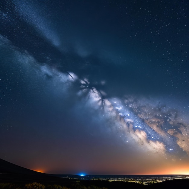 View of the reflection of the mountain on the starry night