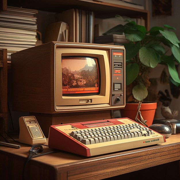 Photo view of retro looking computer on desk workstation