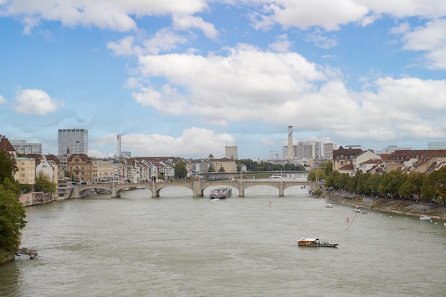 View of the Rhine river as it passes through the city of Basel in Switzerland