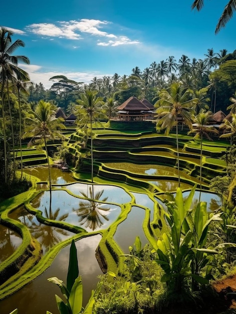 a view of a rice field with palm trees in the foreground